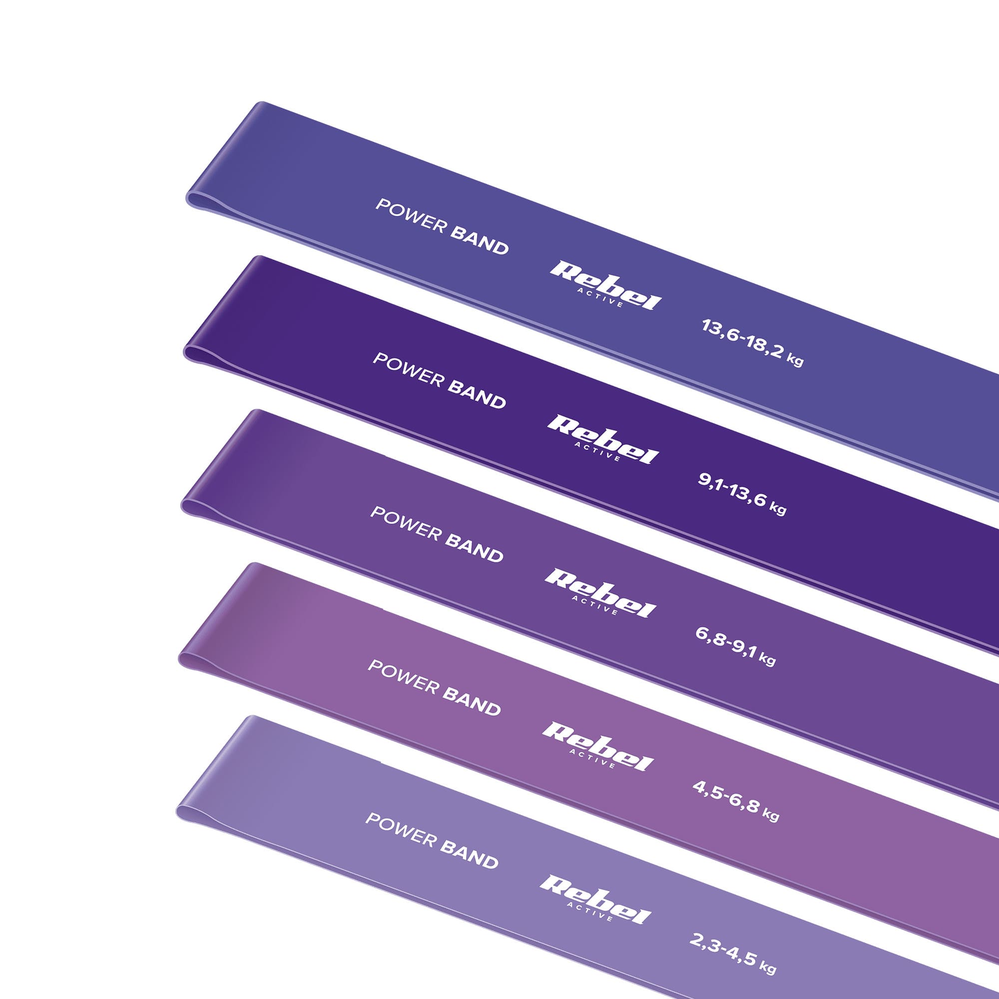 Latex exercise belt set - Mini Band L, 2.3-18.2 kg, 5 rubber bands, purple, REBEL ACTIVE